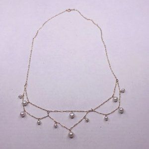 T & C 10k Gold Link Necklace Pearl Drop Collar 16" Dainty Lightweight Signed